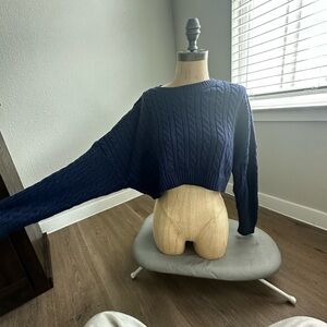 Altar'd State Navy Cable-Knit Cropped Crewneck Sweater